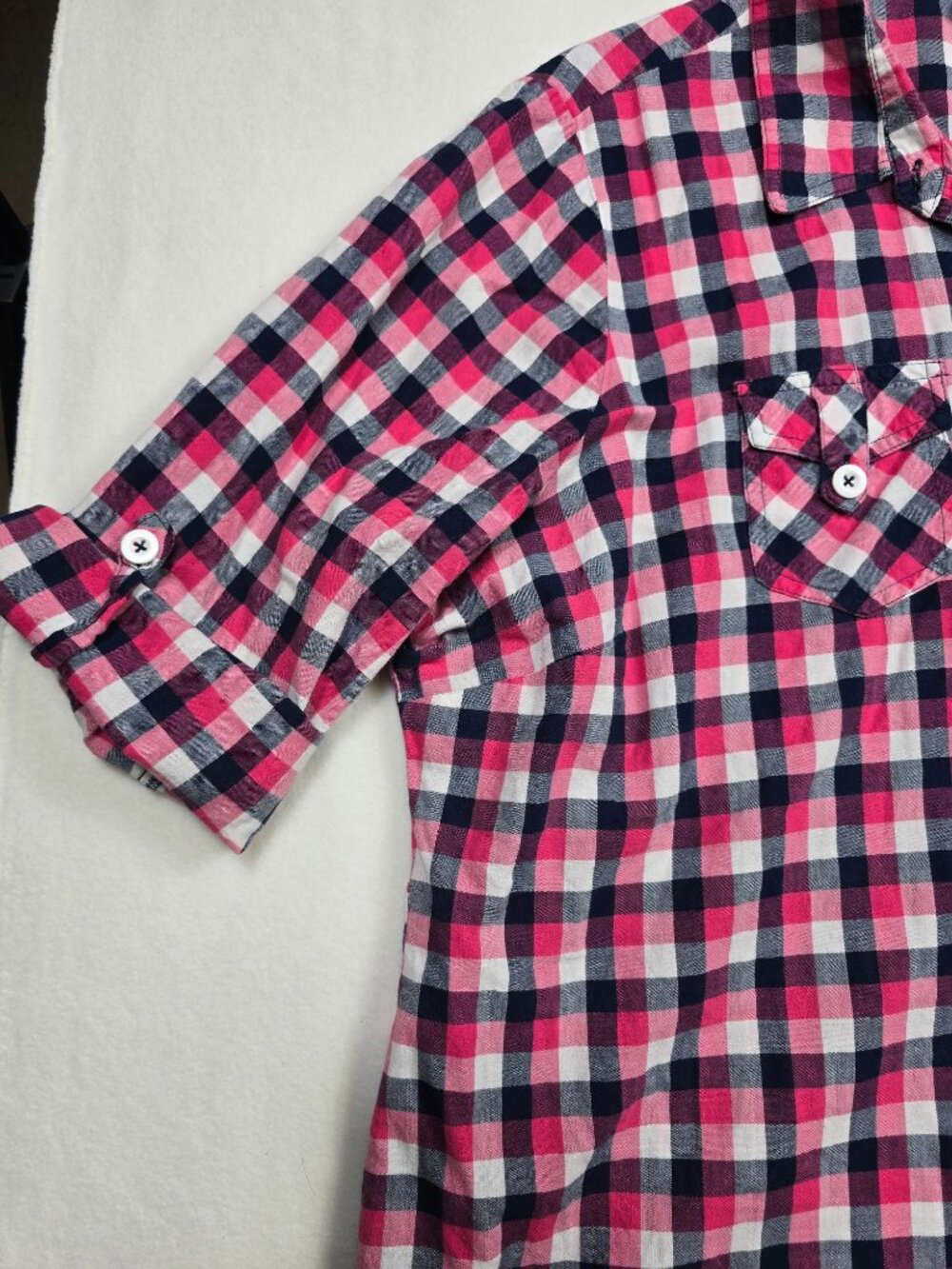 Cato Woman Pink & Navy Plaid Button-Up Shirt 22/24W 100% Cotton 3/4 Sleeves - Picture 2 of 5